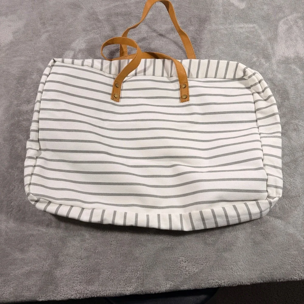 Cozy Earth Tote Bag Unisex Large White Grey Striped Canvas Faux Leather Trim